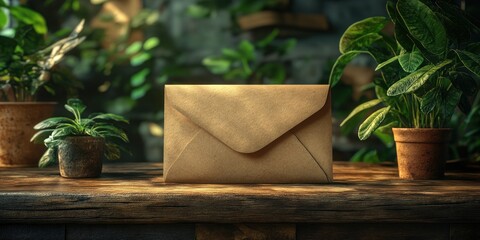 Envelop on Wooden Table with Lush Greenery