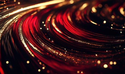 Obraz premium Dynamic swirls of glowing red and gold light blending seamlessly on a dark background, symbolizing energy and elegance