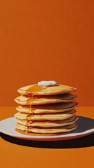  Stacked pancakes on a plate, orange background, syrup drizzled