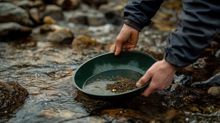 Gold miner working river bank, carefully swirling metal pan, separating golden flakes from sediment while capturing rugged wilderness prospecting technique