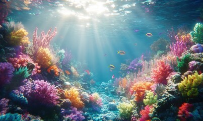 Fototapeta premium Dynamic underwater shot of a coral reef teeming with colorful marine life illuminated by soft sunlight filtering through the water, evoking wonder and beauty