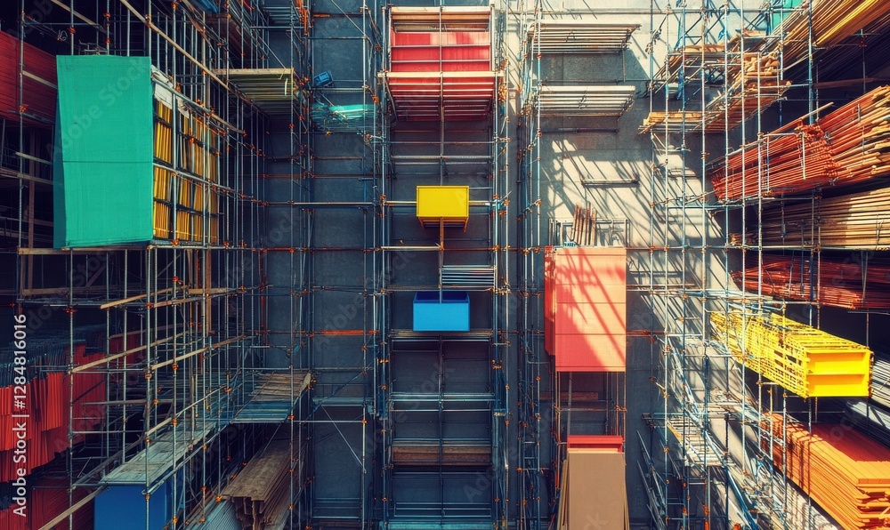 Poster overhead view of scaffolding and construction materials organized in clean geometric patterns at a v