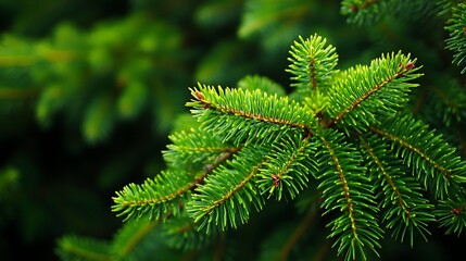 Lush green fir tree branch with many needles visible clearly