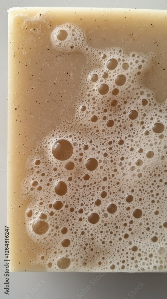 Poster soapy lather surrounding sudsy bar, generating soft textural foam pattern highlighting cleansing and