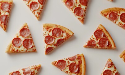 Minimalist pepperoni pizza slices with vibrant toppings scattered on a clean white surface, sharp contrast and warm tones enhancing their appetizing look