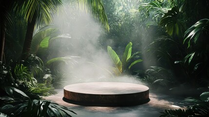 Sunlight filtering through misty tropical jungle, revealing empty round podium nestled amid lush green vegetation and ethereal atmospheric light