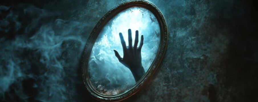 Hand reaching through mystical mirror surrounded by fog and light