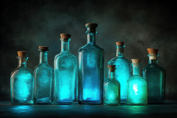 Collection of vintage glass bottles glowing with blue light against a dark, moody background.
