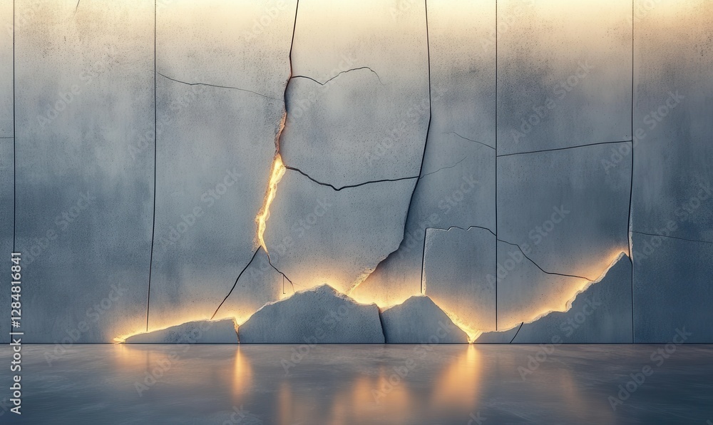 Poster minimalist rendering of a cracked concrete wall illuminated by dynamic warm light. muted tones and s