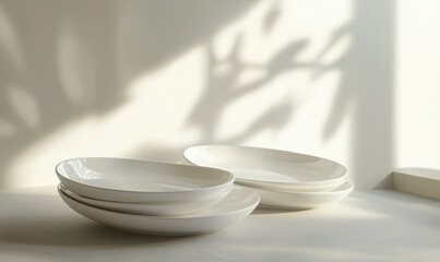 Minimalist setup of glossy white plates with subtle reflections, styled on a soft neutral surface with diffused natural light, creating a clean and elegant look,