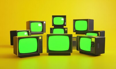 Retro television sets with glowing green screens placed symmetrically on a vibrant yellow background. Playful tones create a nostalgic aesthetic,