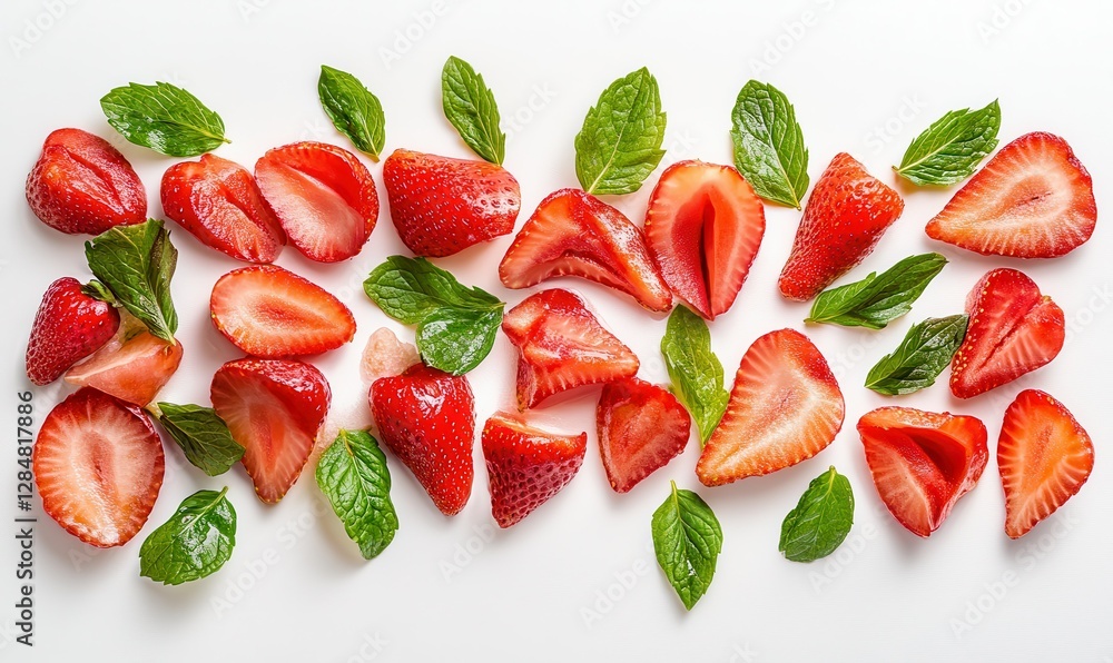 Poster fresh strawberry slices arranged with mint leaves on a clean white background, vibrant red and green