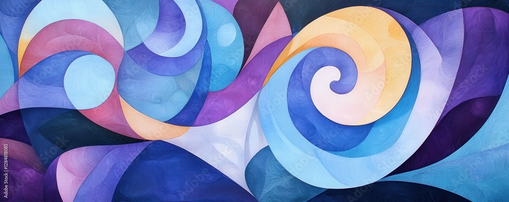Poster colorful abstract geometric pattern with swirling shapes and textured layers
