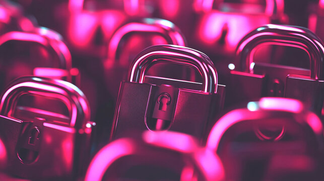 Security in Red: A close-up of a multitude of padlocks, each gleaming under a crimson hue, symbolizing the strength and impenetrability of protection and safety.