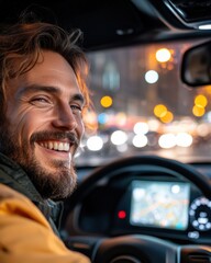 Ride share experience with driver in modern vehicle at night