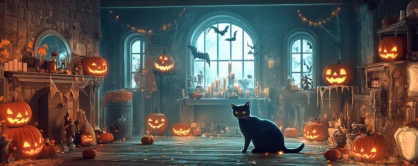 Spooky halloween room with glowing jack-o'-lanterns and black cat