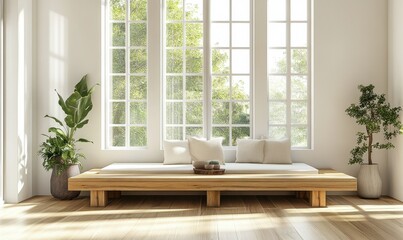 Minimalist wooden furniture in a modern room illuminated by natural sunlight streaming through large windows, creating a clean and serene interior design
