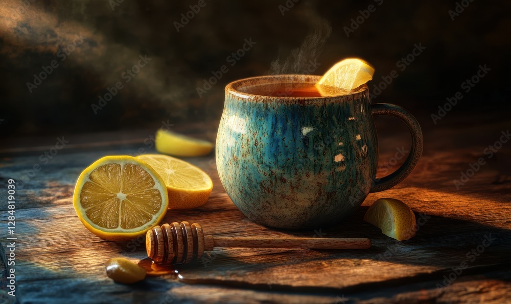 Poster freshly brewed tea in a rustic ceramic mug surrounded by lemon slices and honey placed on a wooden t