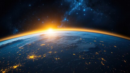 Sunrise Earth space nebula night city lights global