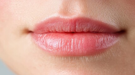 Obraz premium Close up of woman's lips wearing soft pink gloss, showcasing natural radiance, smooth skin, and delicate beauty with subtle, elegant highlighting
