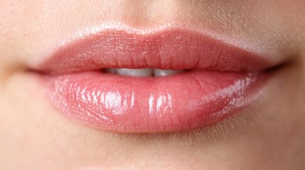 Fototapeta premium Close up of woman's glossy lips, revealing perfect skin and professional makeup, highlighting beauty with vibrant pink lipstick and elegant cosmetic details