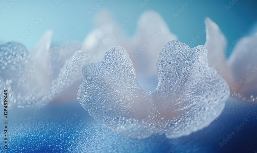 Poster frosted condensation droplets resting on a smooth blue surface, soft lighting creating a refreshing 