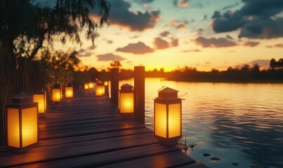 Scenic boardwalk at sunset with lanterns glowing warmly and reflections shimmering on the water below. Warm tones evoke tranquility,