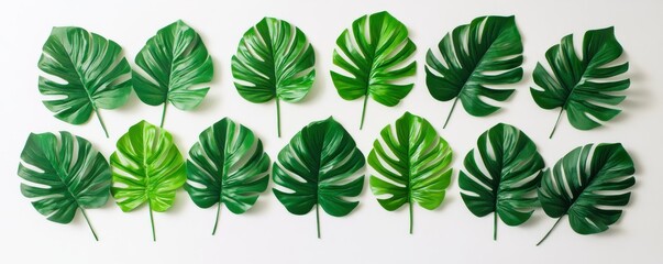 Naklejka premium Various green monstera leaves arranged in rows on white background