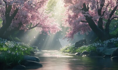 Gentle sunlight streaming through delicate cherry blossoms, creating a peaceful and serene spring-inspired scene