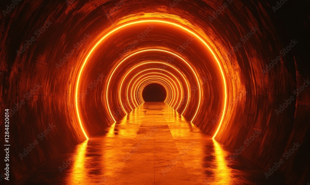 Poster mysterious dark corridor illuminated by glowing orange circular light in a sci-fi setting .