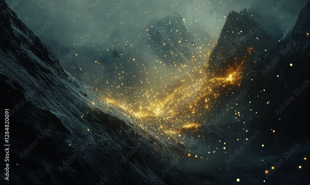 Poster glittering gold light particles scattered dynamically on a dark background, creating depth and a ric
