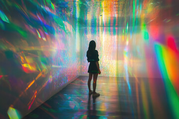 Silhouette of a woman standing in a vibrant room illuminated by colorful, prismatic lights, creating a dreamlike and immersive atmosphere.