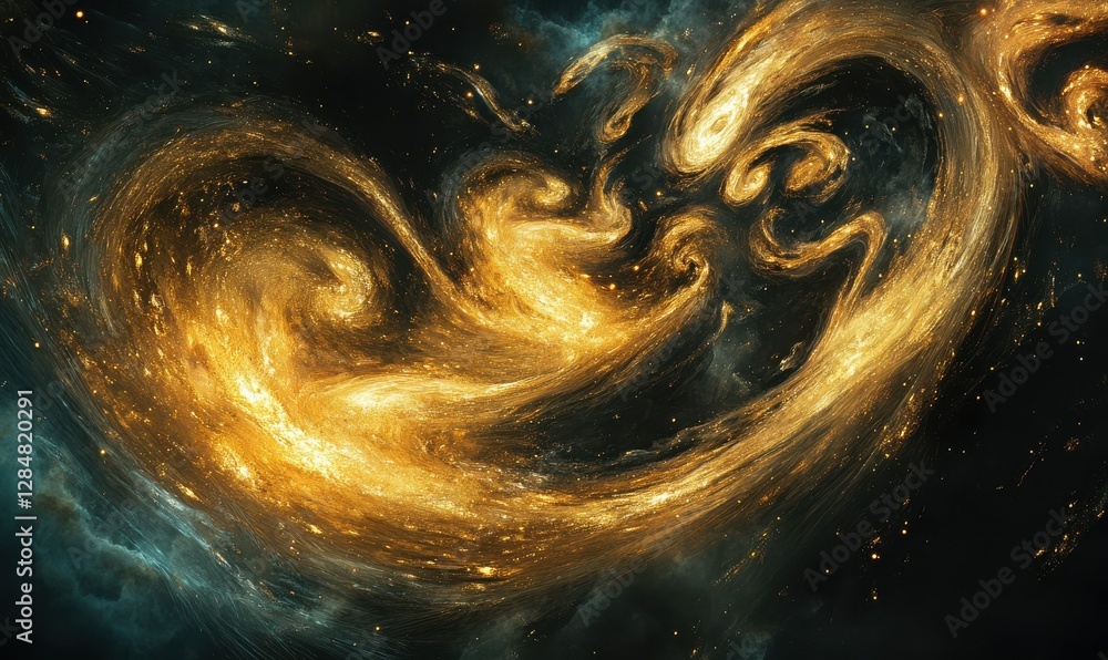 Poster glittering golden particles swirling dynamically against a dark backdrop, creating a sense of motion