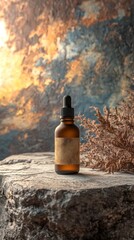 Amber Bottle on Stone with Rustic Background