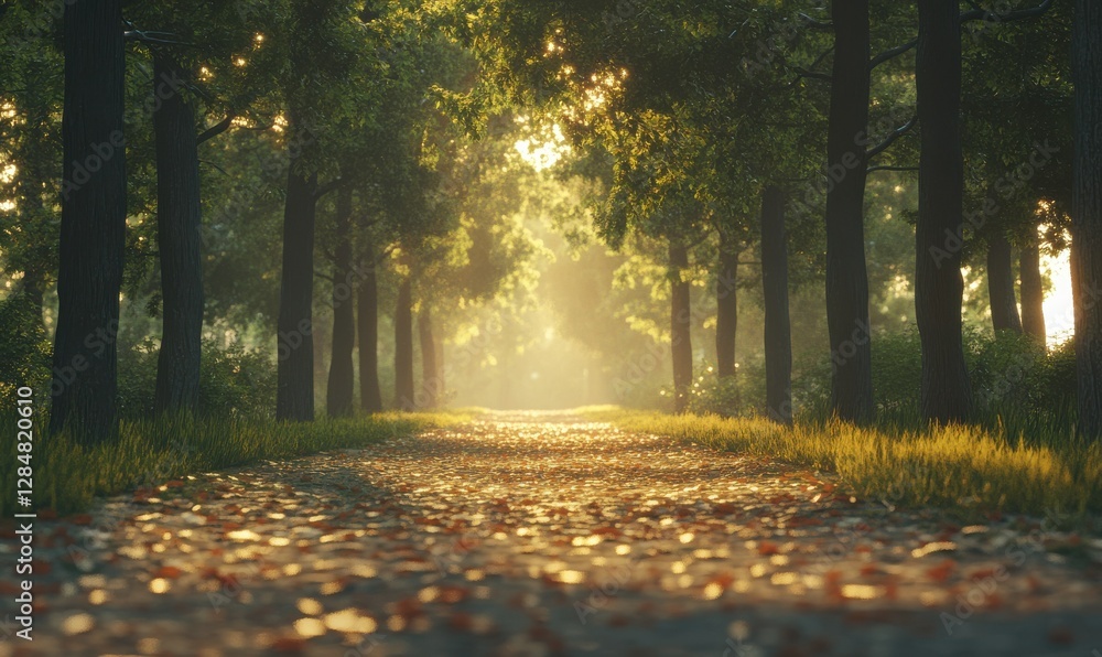 Poster scenic forest pathway lined with tall pine trees and scattered leaves, soft golden light filtering t