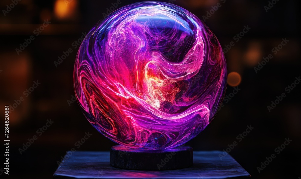 Poster glowing red and purple energy sphere with dynamic swirling light patterns, floating against a dark b
