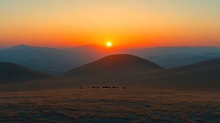 Sunrise over mountain range with grazing animals