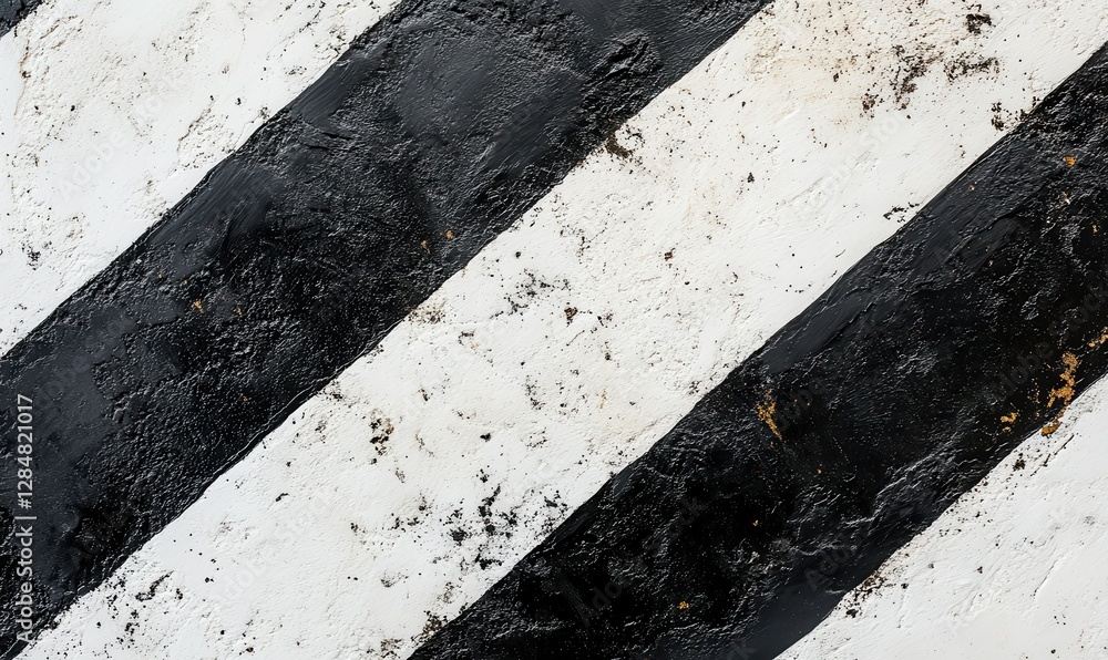 Poster overhead view of white and black diagonal stripes on a rugged surface, creating a sharp and modern c