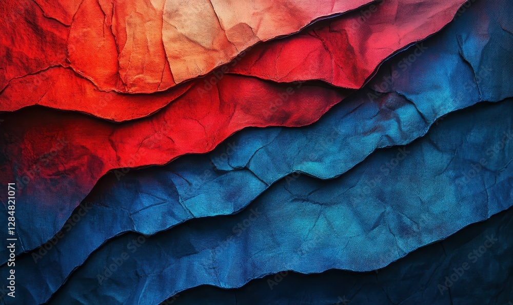 Poster overlapping blue and red fabric pieces with rugged edges, illuminated by diffused light, creating a 