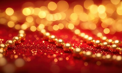 Golden sparkling bokeh lights scattered across a warm red background, creating a vibrant and festive aesthetic with depth and elegance,