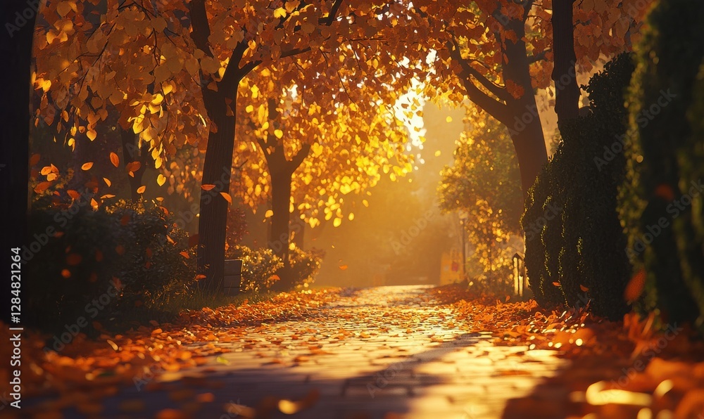 Poster scenic pathway covered in fallen autumn leaves, golden light filtering through the trees creating a 