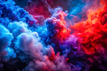 Abstract vibrant red and blue smoke clouds swirling, colliding, and mixing in a dark background.