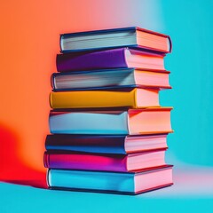 Stack of colorful books in vibrant neon light
