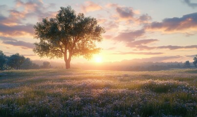 Obraz premium Scenic sunrise over a tranquil meadow with dew-covered grass and a lone oak tree silhouetted against the warm morning glow.