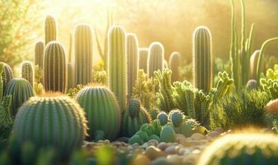 Scenic view of a large cactus garden bathed in warm sunlight, soft shadows adding depth and texture to the vibrant scen.