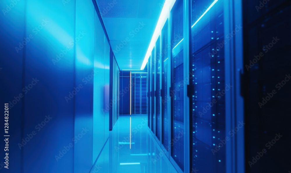 Poster high-tech data servers glowing softly in a modern data center under cool blue lighting. clean lines 
