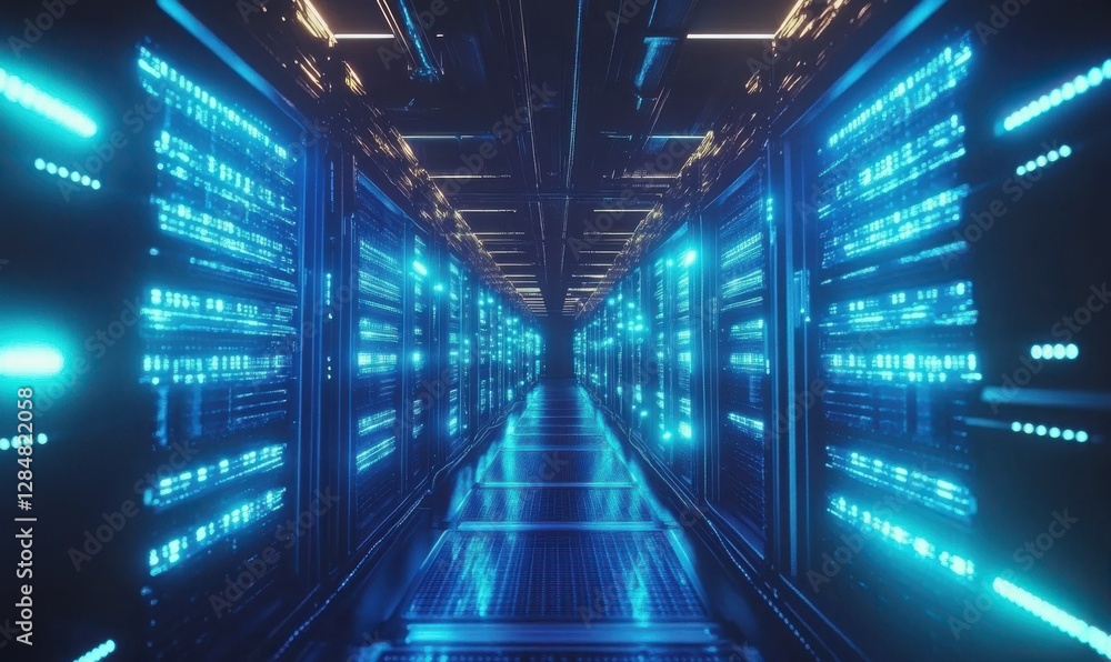 Poster high-tech server room with rows of glowing blue data servers, symbolizing advanced technology and di