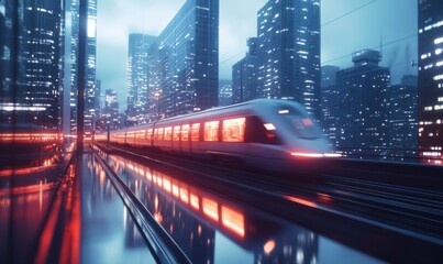 Obraz premium High-speed train racing through a modern urban landscape at dusk, with glowing city lights reflecting off the windows. Dynamic tones enhance motion,