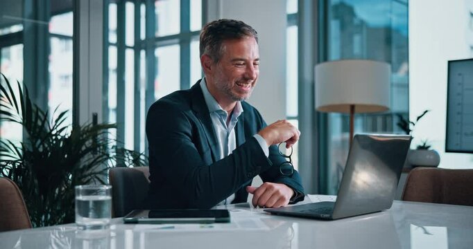 Man, video call and laptop in office with laugh, consulting and joke with client on web at agency. Mature person, financial advisor and computer for portfolio review, opportunity and wealth planning