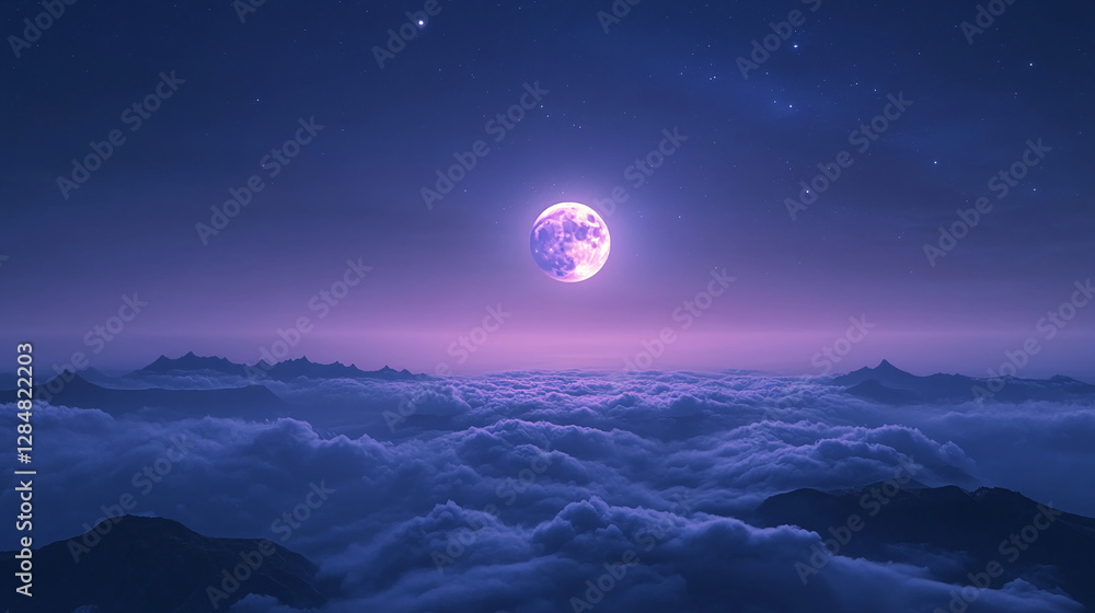 Poster a large full moon glowing above a mountain range, casting a soft purple light over a sea of clouds i